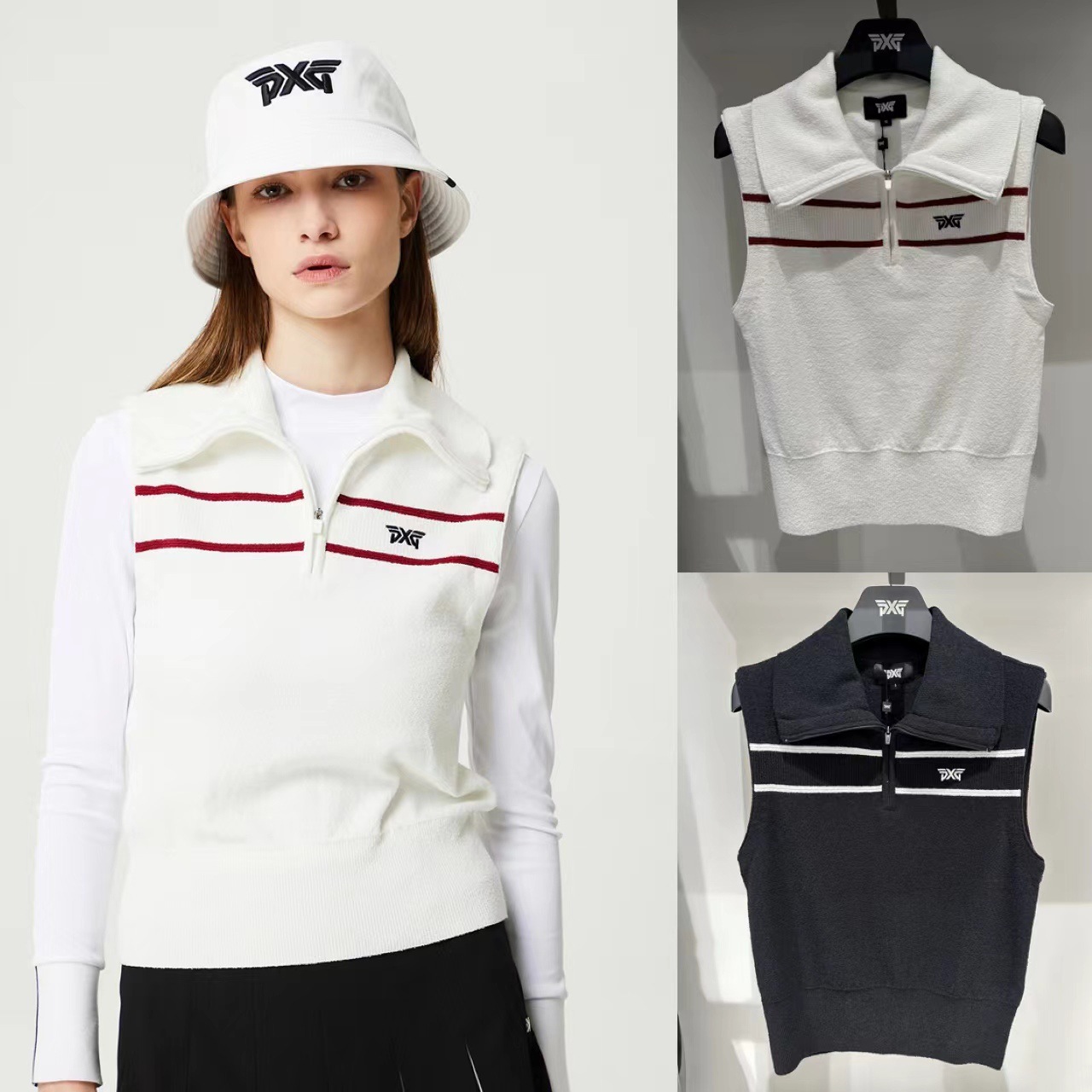 Korean Golf Early Spring New Style Lapel Pure Color Stripes Versatile Half-Zip Fashion Top Sleeveless Knitted Vest