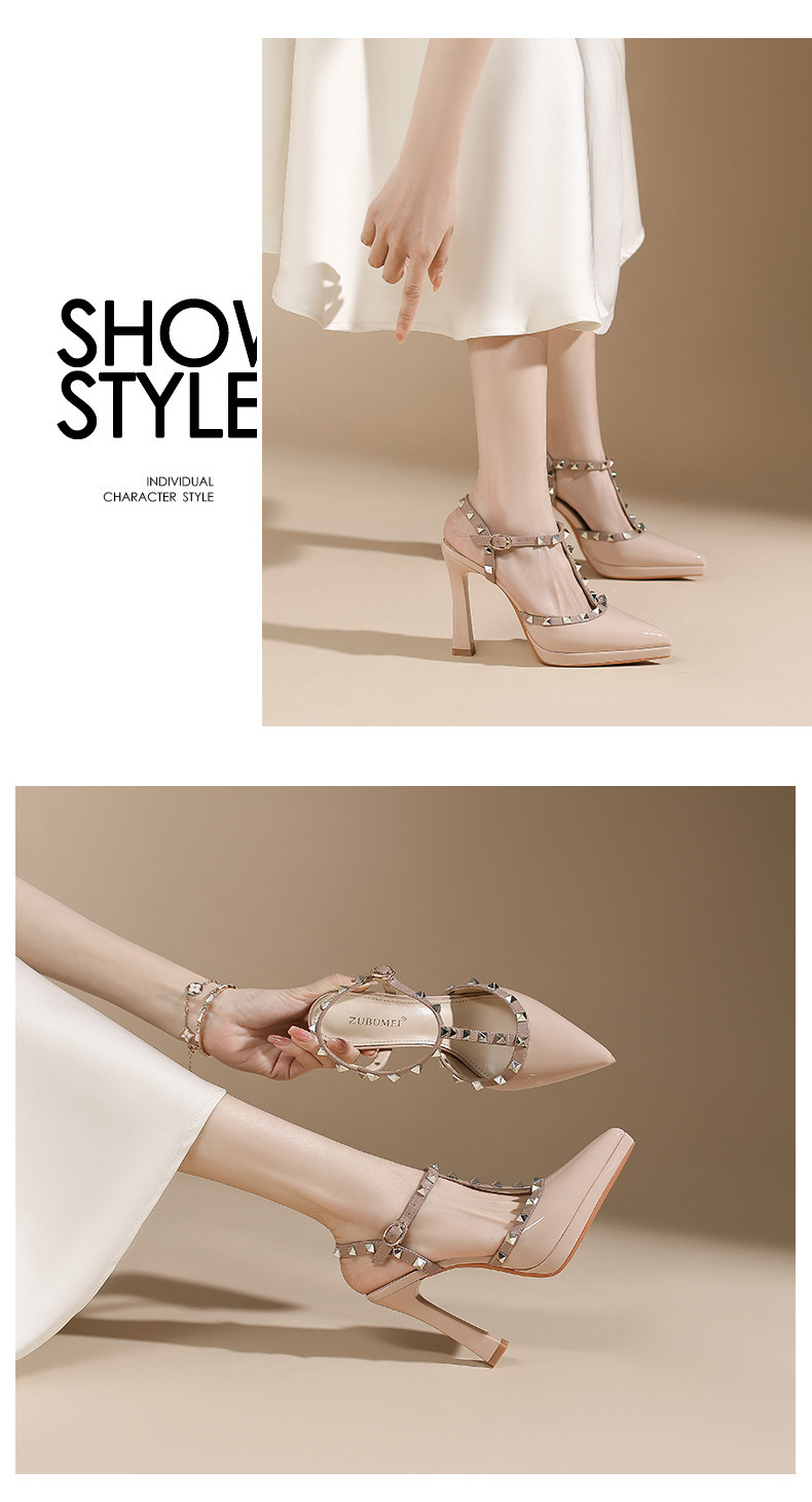 Giày sandal cao gót nữ mũi nhọn đinh tán gót nhọn, phong cách cá tính — Trắng be chi tiết 5