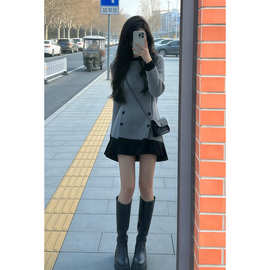 春季超好看灰色针织连衣裙子女冬2026年新款感气质短裙