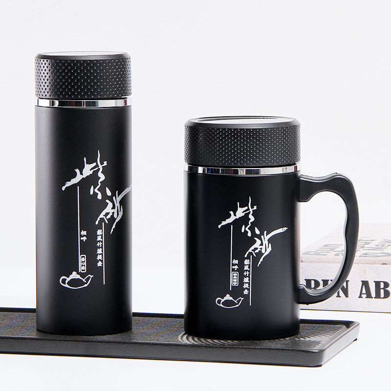 不锈钢紫砂内胆保温杯简约商务办公直杯手柄杯日用百货礼盒杯