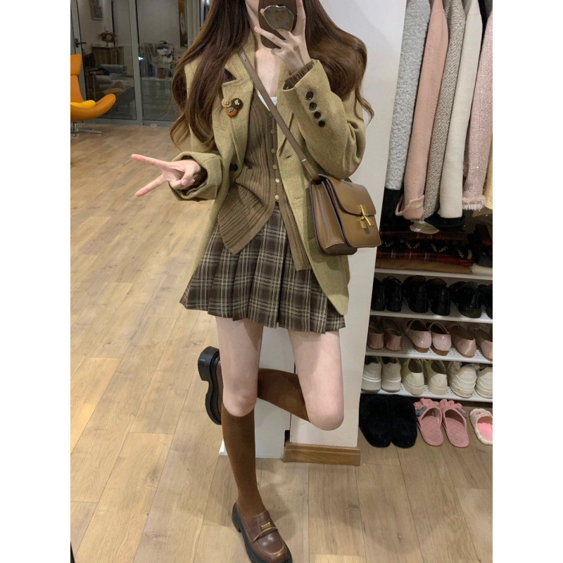 美拉德复古毛呢西装外套女秋季新款针织上衣百褶半身裙三件套|undefined
