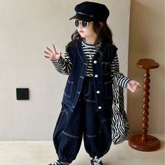 2023秋季新款童裝 韓版童裝 男女童休閒牛仔套裝 牛仔馬甲+牛仔褲