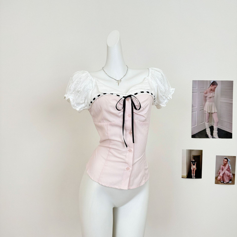 Summer Gentle and Artistic Hollow-Out Embroidered Color-Block Lace Puff Sleeve Blouse, Slimming Sweet Girl Top Summer Gentle and Artistic Hollow-Out Embroidered Color-Block Lace Puff Sleeve Blouse, Slimming Sweet Girl Top