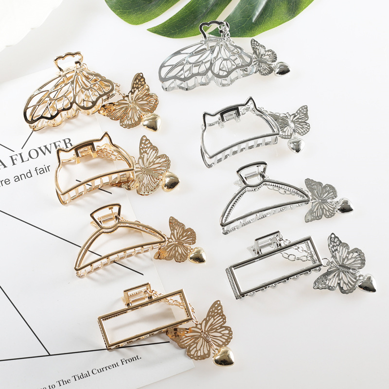 French Retro Women Metal Butterfly Pendant Hairpin Alloy Grab Clip Back Head Shark Clip Hair Grab Clip Wholesale