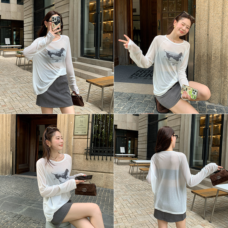Lyocell Lazy Style Retro Dog Print Sun-Protective Long-Sleeve T-Shirt Summer Loose Versatile Top Blouse Versatile Top