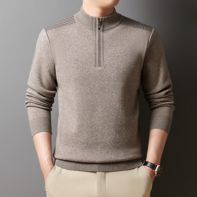男士半高领拉链针织衫纯色加厚毛衣秋冬装男装内搭打底衫老年装