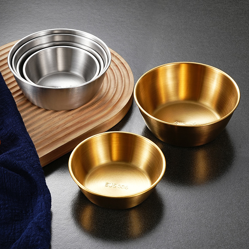 Fabricante estricado 304 acero inoxidable estilo coreano arroz vino de arroz con mango de oro cuenco de pepinos condimento cuenco espeso al aire libre cuenco de churrasco