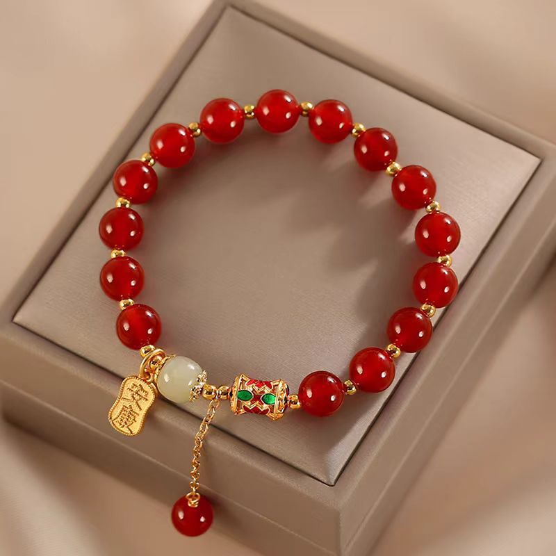 仿天然红玛瑙和田玉转运珠喜乐安康相思豆手串设计手链本命年女