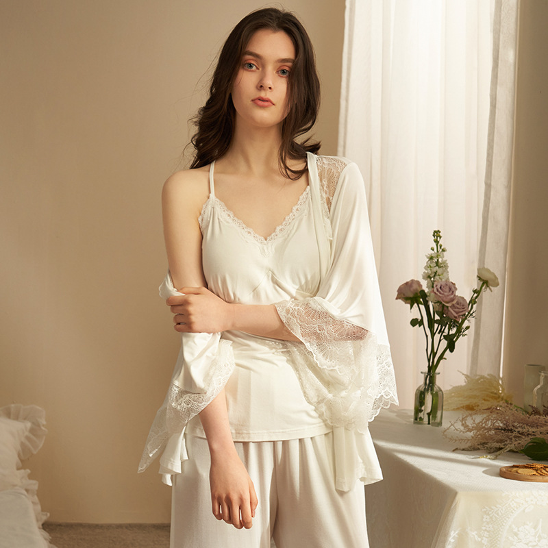 Women's Pajamas Spring and Summer Modal Sling Long-sleeved Nightgown Three-piece Set Sexy Lace Women's Home Clothes Chest Pad