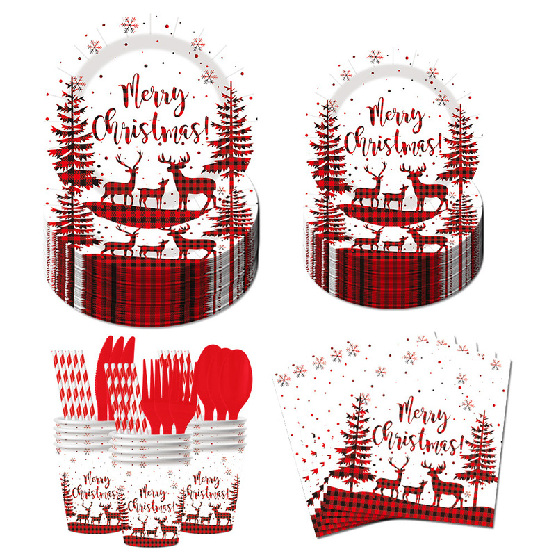 Christmas Party Disposable Tableware Christmas Tree New Year Theme Decoration Supplies Paper Plate Tissue Set Wholesale