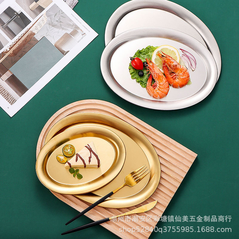 Korean Stainless Steel Oval Coffee Meal Tray Snack Cake Plate Barbecue Plate Barbecue Plate Dessert Plate