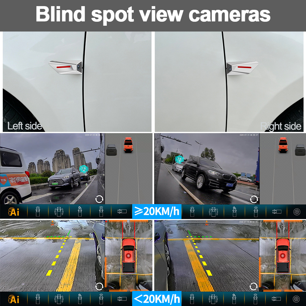 Universal car dash cam with 360-degree panoramic view, sentinel mode, BSD blind spot monitoring, AI recognition, and GPS