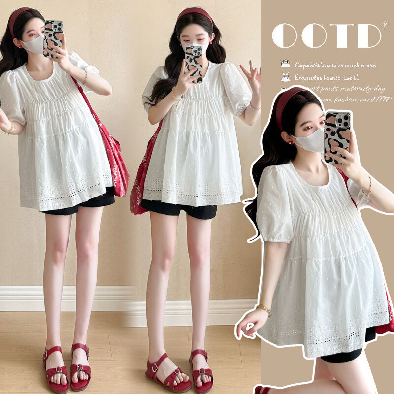 Real Shot of Versatile and Fashionable 2026 Summer New Maternity Korean-Style Lace Embroidered Babydoll Top + Belly Support Shorts