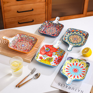 Bohemian ceramic tableware handle plate household single handle plate high color handle baking plate creative tableware plate wholesale