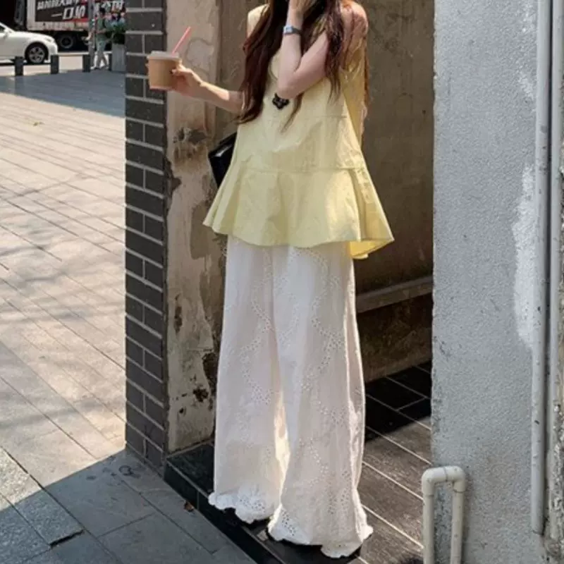 气质V领木耳边黄色背心衬衫女2026年夏季新款蕾丝阔腿裤两件套潮