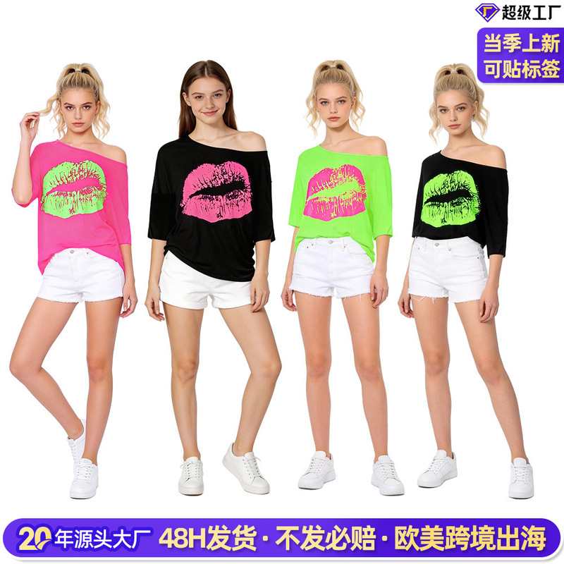 W80S Retro Fluorescent Lip Print Off-Shoulder T-Shirt, Off-Shoulder Top, Halloween Cross-Border Women's Clothing