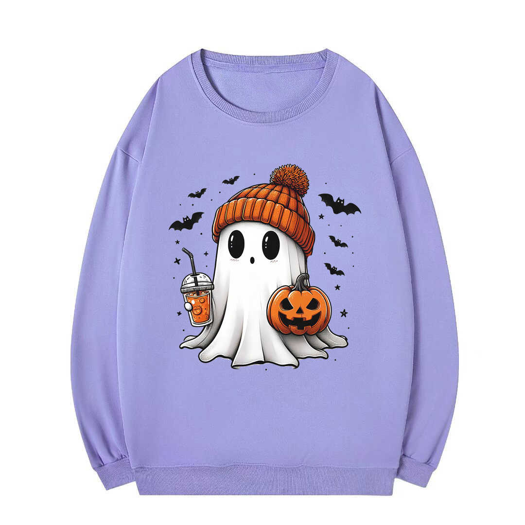 Women's Clothing Round Neck Halloween Sweater Ghost Pumpkin Bat Loose Large Size Terry Sweater Spot_voghion.com