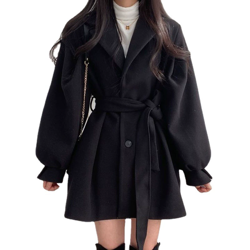 Demi-Season Mid-Length Coat, Beltted Midcoat, Increased Thickness, Loose Fit, 100% Polyester