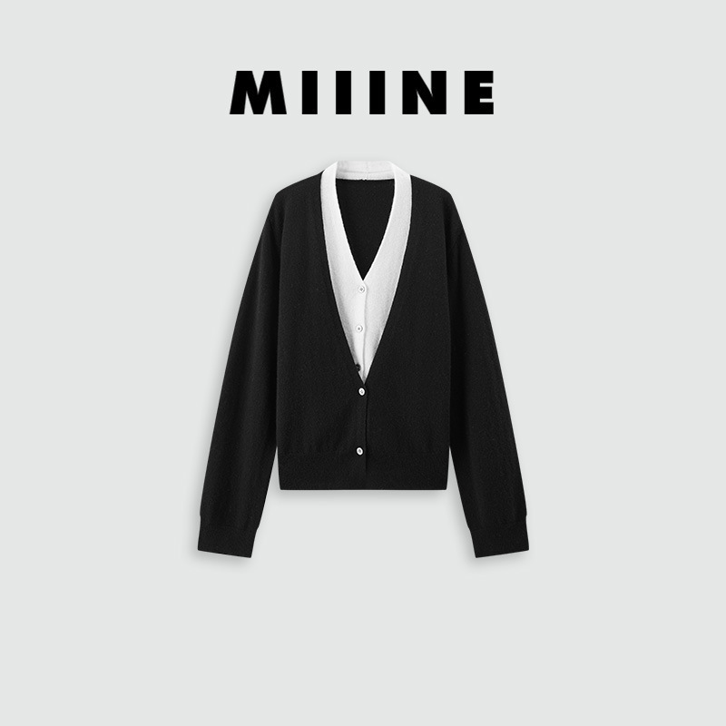 Miiine叠穿假两件V领灰色撞色开衫外套 羊毛针织衫初秋独特上衣|undefined