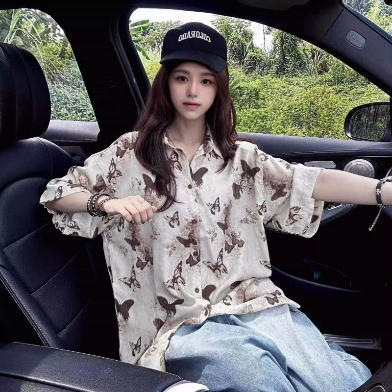 Couple's Jacket Summer New Full Print Small Butterfly Half Sleeve Shirt American Retro Design Sense Loose Top for Men and Women
