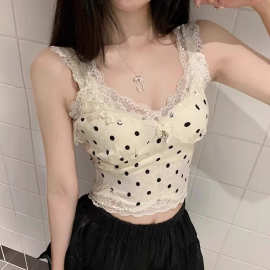 法式纯欲波点蕾丝拼接小吊带女夏季新款修身内搭甜辣妹无袖背心潮