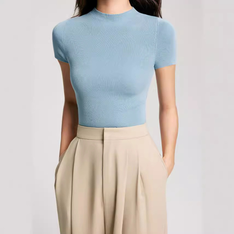 Blue Half Turtleneck Knitwear for Women Spring and Summer New Slim Fit Niche Versatile Inner Layering Shirt Short-Sleeved Top Blue Half Turtleneck Knitwear for Women Spring and Summer New Slim Fit Niche Versatile Inner Layering Shirt Short-Sleeved Top