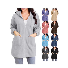 2025欧美跨境休闲连帽衫夹克外套女士拉链插袋连帽长款卫衣休闲风