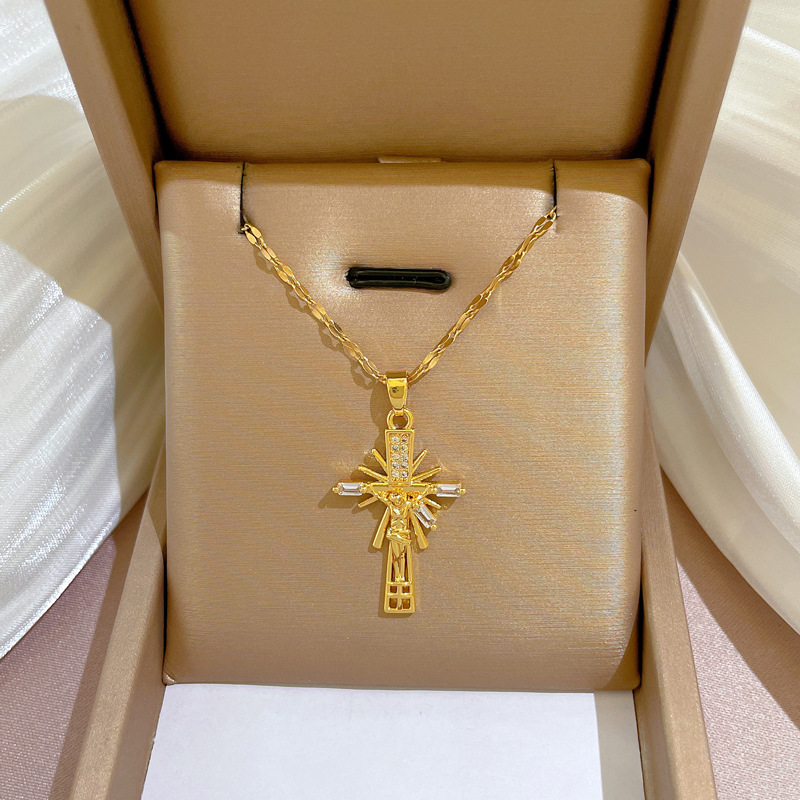 Collana con croce e ritratto da donna in acciaio inossidabile_voghion.com