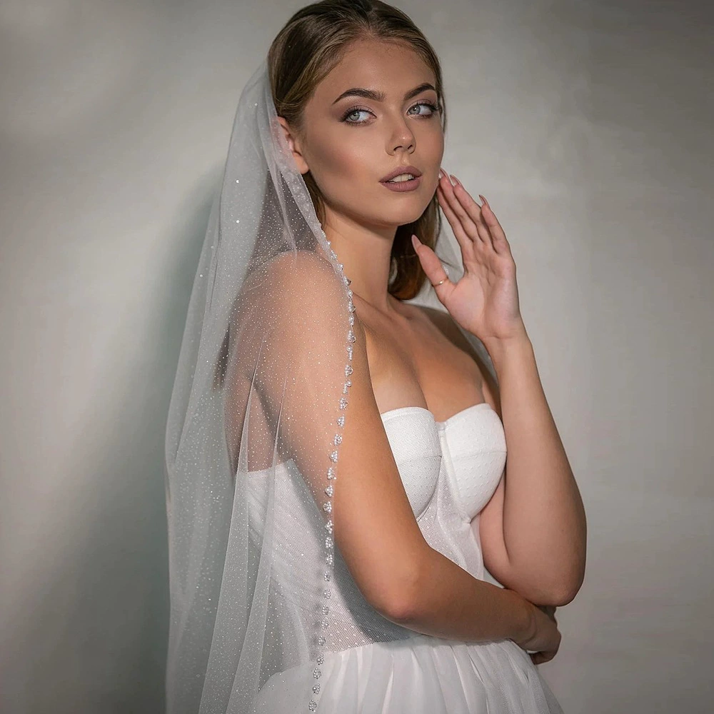 Hand-beaded edge starlight yarn bronzing shiny bridal train yarn three-color bridal long veil BV99