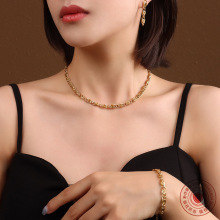 欧美ins卷粗链条锁骨链钛钢镀18金 辣妹配饰耳钉手链项链三件套装