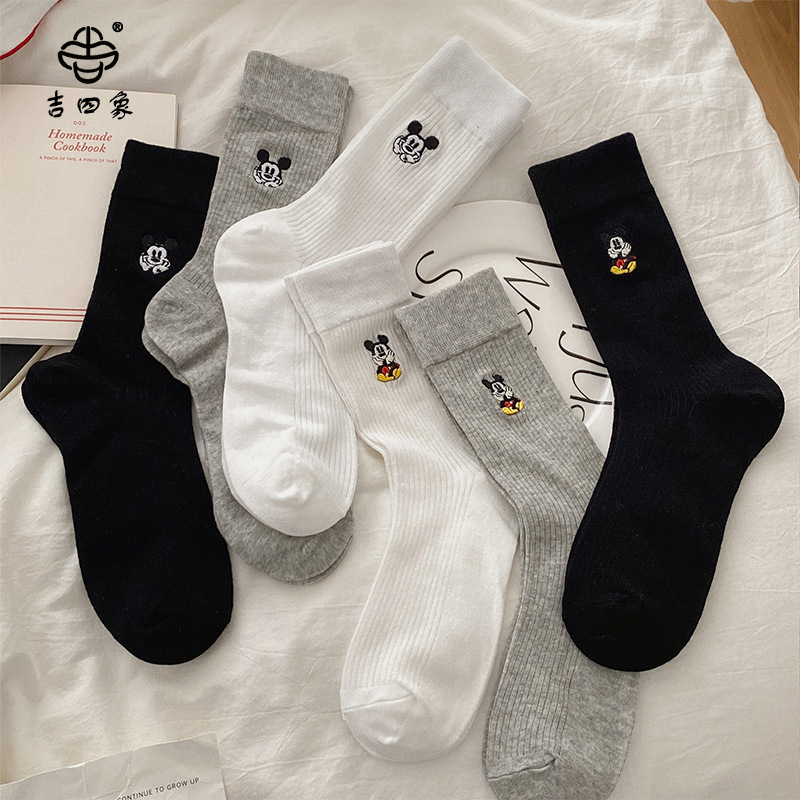 Ji Four Elephant Socks Women's Summer Thin Cartoon Mickey Mouse Embroidered Mid-Socks Combed Cotton Miu Style Women's Stacked Socks Ji Four Elephant Socks Women's Summer Thin Cartoon Mickey Mouse Embroidered Mid-Socks Combed Cotton Miu Style Women's Stacked Socks