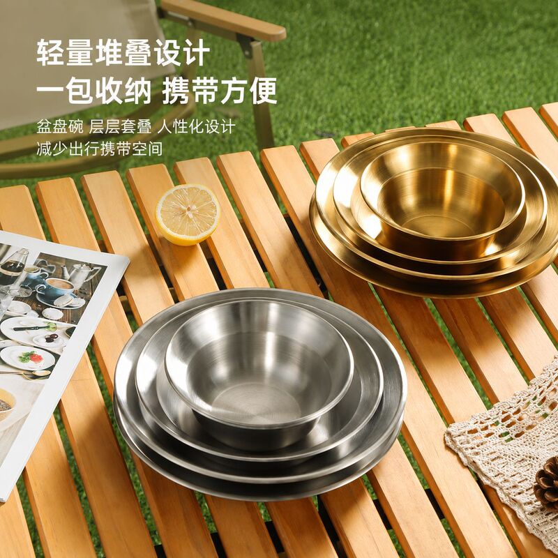 Cross-Border Stainless Steel Outdoor Plate, Portable Outdoor Dinner Plate, Round Portable Barbecue Camping Household Soup Bowl Small Bowl Set