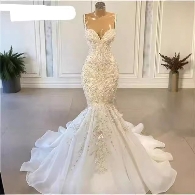 Women's Clothing Elegant Mermaid Wedding Dress With Beaded Lace, Strapless Corset Tie-Up Bridal Gown For Summer_voghion.com