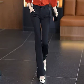 气质微喇开叉黑色西装裤女2025春秋款高腰显瘦喇叭裤休闲微喇裤