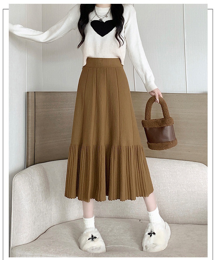 Pleated Knitted Skirt Women'S Autumn And Winter New Fashion High Waist Korean Version Casual And Thin Big Swing Skirt A-Shaped Skirt Umbrella Skirt 40 Undefined