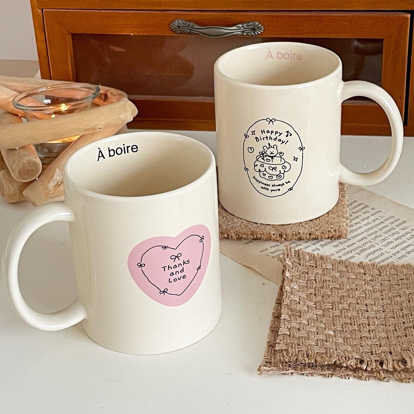 Cute Cartoon Happy Birthday Ceramic Mug For Couples Cream Colour_voghion.com