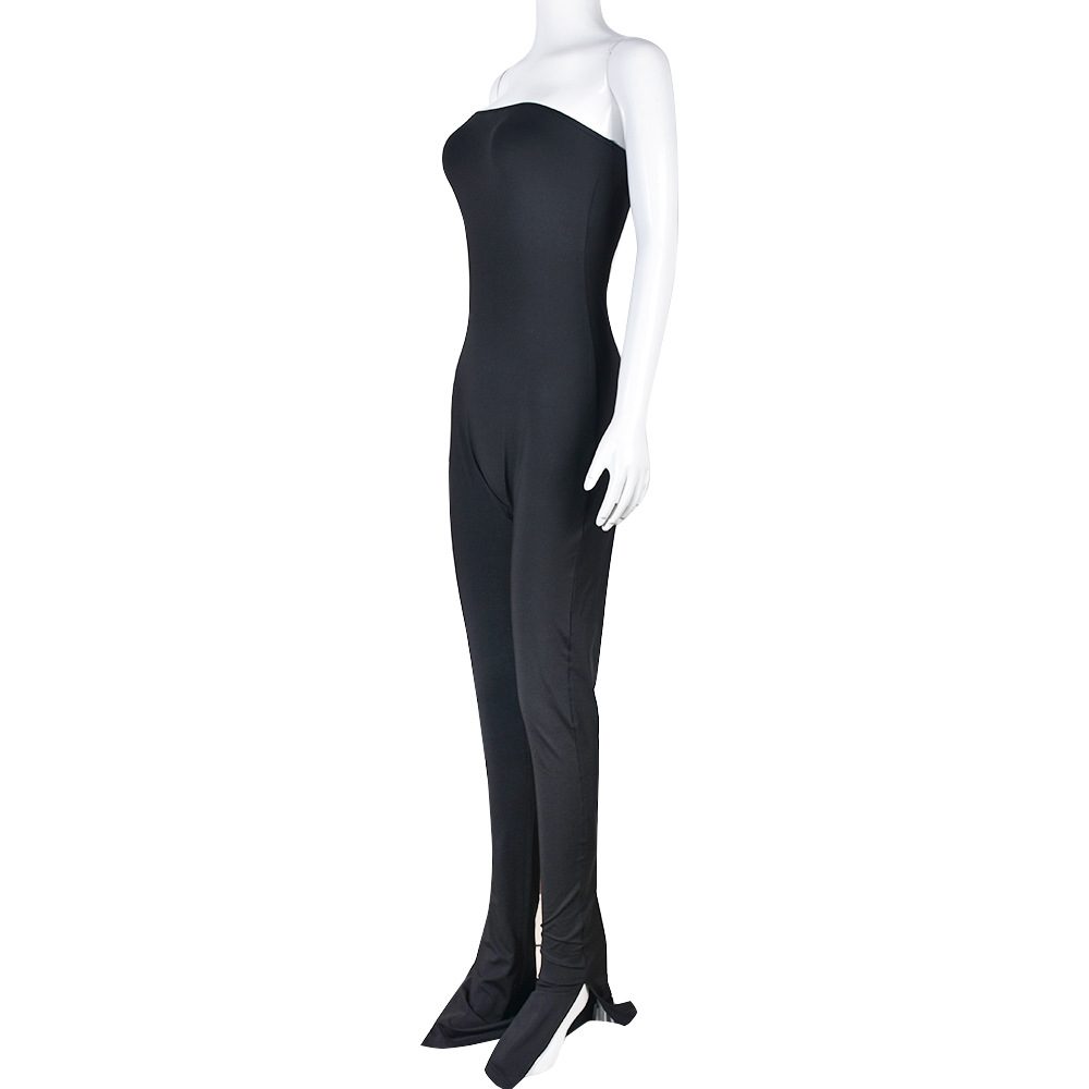 Women Clothing off Neck Stitching High Elastic Slit Slim Fitting Jumpsuit