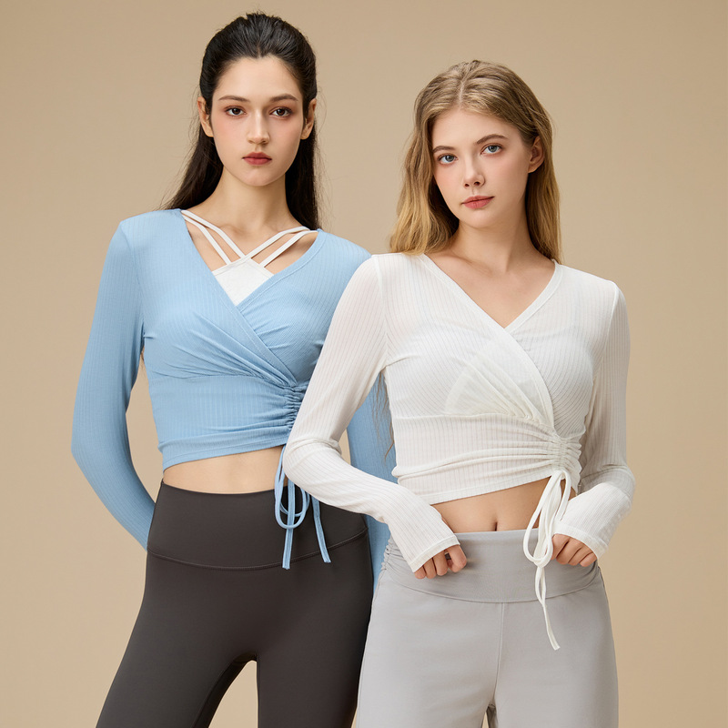 Autumn New Sports Fitness Yoga Long-Sleeved Tops Feminine Fashionable Chest Cross Yoga Wear T-Shirt Drawstring Autumn New Sports Fitness Yoga Long-Sleeved Tops Feminine Fashionable Chest Cross Yoga Wear T-Shirt Drawstring