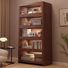 胡桃木色实木书柜客厅家用美式复古风储物柜一体靠墙防尘收纳柜子