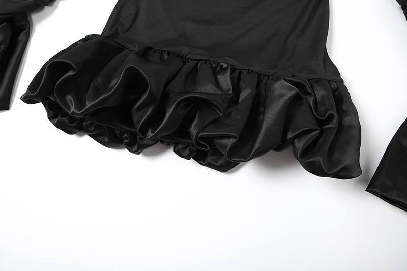 Winter Women Clothing Sweet Fresh off Neck Tube Top Puffed Sleeves Pleated Short Dress