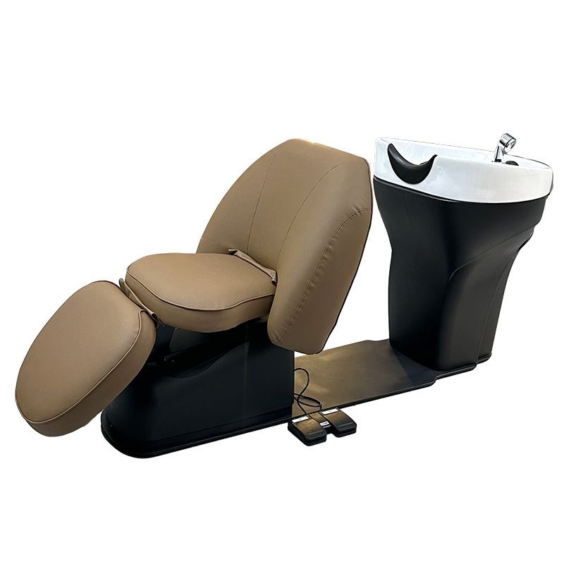 Cama de lavado de cabello eléctrica de lujo, cama de lavado de masaje, asiento ajustable hacia arriba y hacia abajo, cama cerámica de tratamiento de cabello con control de pies