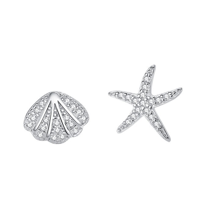 S925 plata esterlina Shell Starfish Stud pendientes para mujeres estilo japonés y coreano diamante completo diseño creativo asimétrico pendientes ins estilo