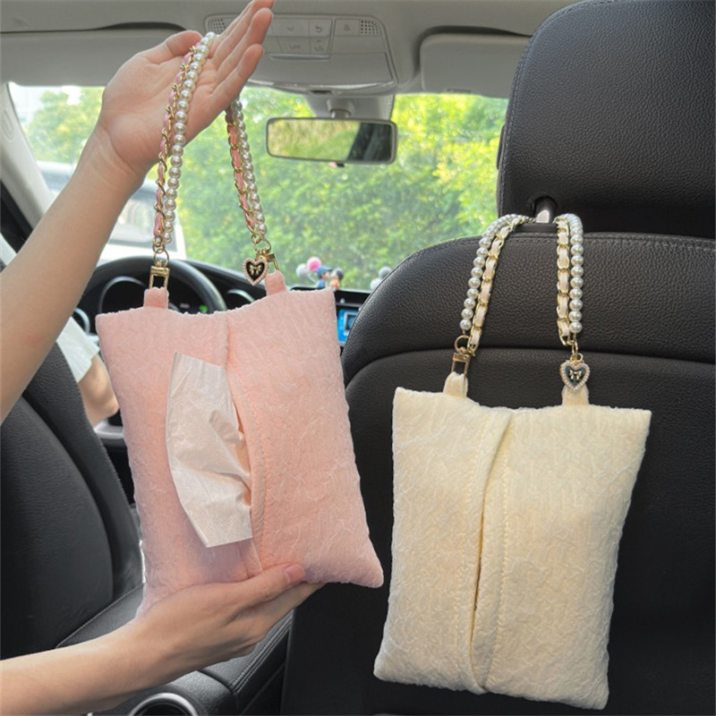 車載紙巾盒創意珍珠泡泡紗車用椅背掛式紙巾抽簡約女神汽車紙巾盒