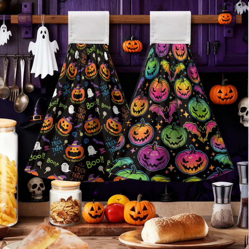Halloween Hanging Towel Microfiber Heat Transfer Pumpkin Pattern Kitchen Dish Towel Rag Bathroom Absorbent Hand Towel