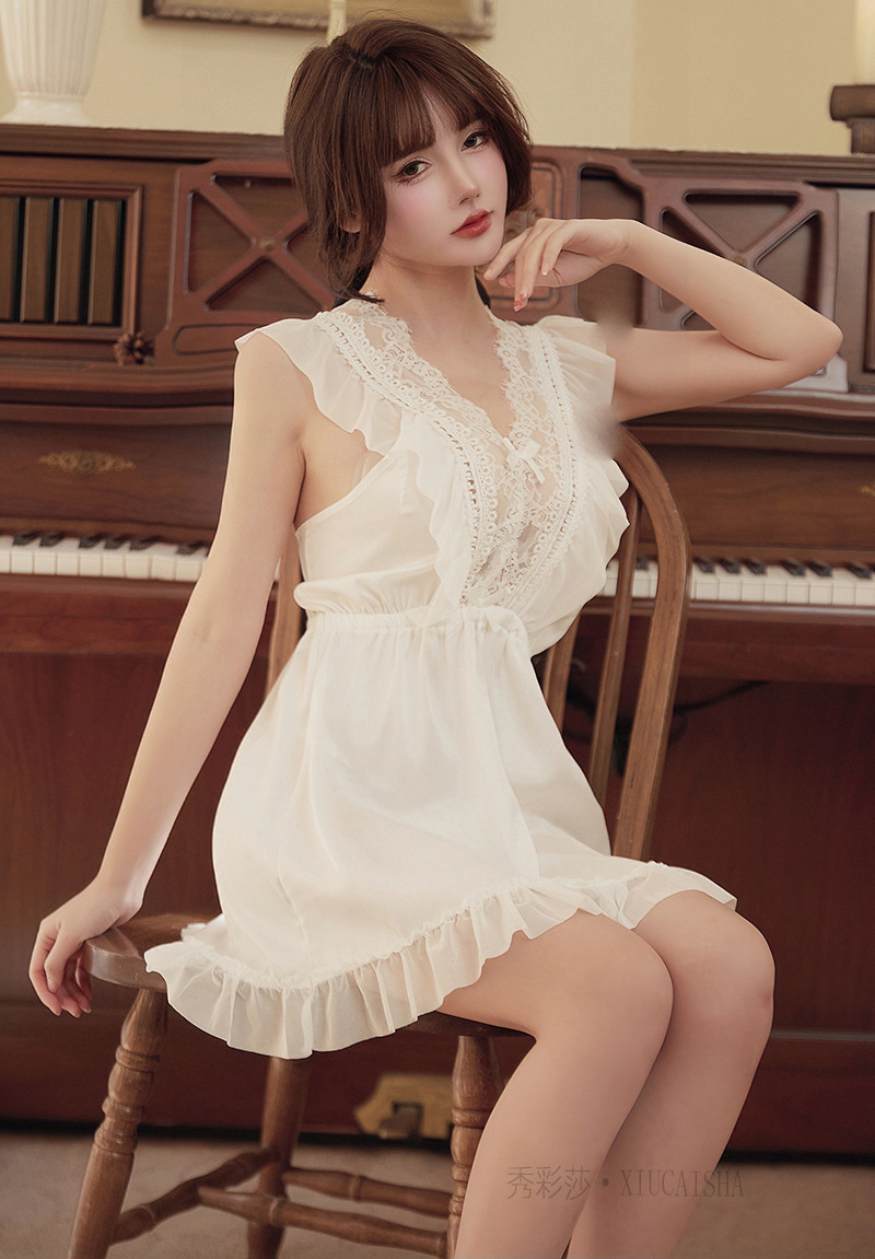 Plus Size Lace Babydoll Nightgown, Short Skirt Style, Black One Size — detail image 13