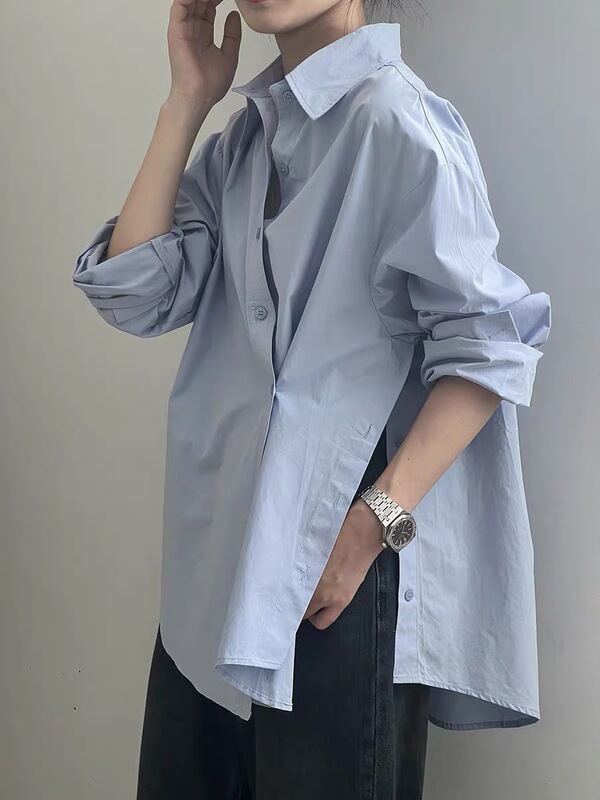 2025秋冬新款韩版不规则侧开叉长袖衬衫女宽松显瘦设计感小众上衣|undefined