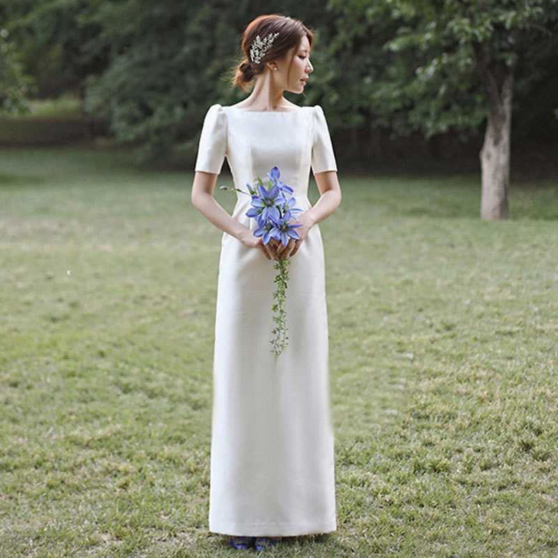 Light Wedding Dress Korean Style 2026 New Square Neck Simple Retro Travel Photography Dress Women's Satin Forest Style Floor-Length Light Tulle