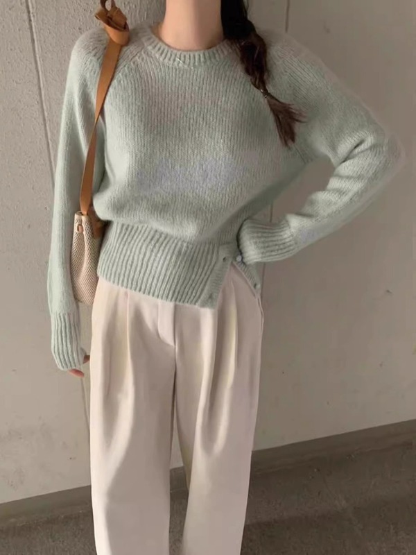 韩系毛衣女针织女装新款秋冬宽松圆领开叉纯色内搭冬季针织衫上衣|undefined