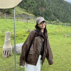高档机车皮衣外套女复古2025春秋新款美式休闲百搭棕色皮夹克洋气