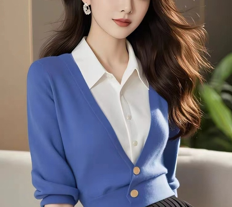 蓝色假两件针织上衣女高级设计感小众气质高端小香风内搭毛衣秋冬|undefined